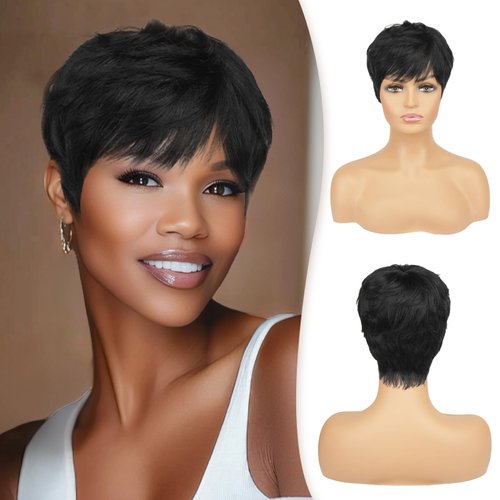 RUWISS Pixie Cut Wig Human Hair Wigs Human Hair Wig with Bangs Natural Short Black Wig Layered Wa...