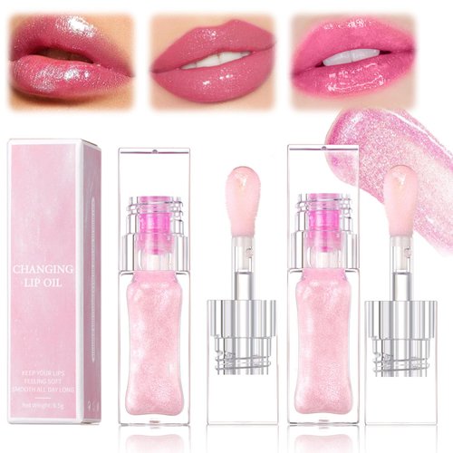 2PCS Color Changing Lip Oil, Magic Color Changing Lip Glow Oil, Moisturizing Color Changing Lip Gloss Plumping Lip Oil, Warm Change Glitter Lip Gloss with Big Brush Non-sticky Lip Tint Oil