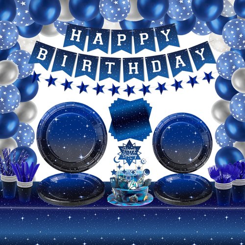 221 Pack Space Galaxy Party Supplies Starry Night Tableware Set Space Happy Birthday Banner Star Balloon Moon Garlands Outer Space Tablecloth Galaxy Planet Themed Birthday Party Decorations Serves 20