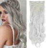 FUTATA 7Pcs 16 Clips 24 Inch Wavy Curly Full Head Clip in on Double Weft Hair Extensions for Women Girls, Silver Grey