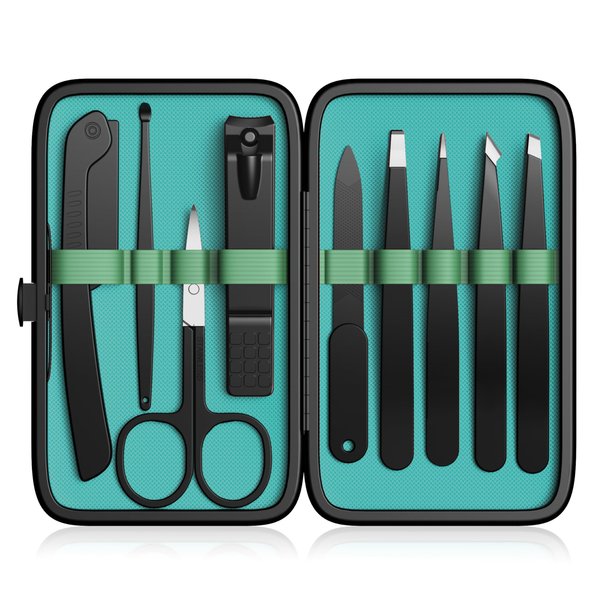 Yougai Tweezers and Nail Clipper Set,9 Pcs Professional Stainless Steel Tweezers Kit-Great Precision Tweezers with Curved Scissors and Eyebrow Razor for Daily Beauty Tools with Leather Travel Case