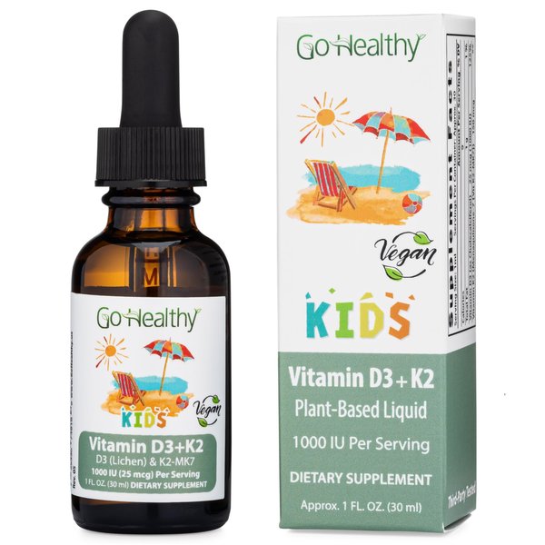 Go Healthy Vitamin D3 K2 Drops for Kids - Contains 25mcg (1000IU) Vegan Liquid Vitamin D & 150mcg Vegan Liquid Vitamin K2 (MK7) Per Serving, Gluten Free, Non-GMO, Vanilla Flavor - 30 Servings