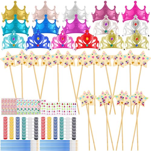 Shappy 64 Pieces Fairy Craft Kit Include 16 Unfinished Wooden Princess Wands 16 Princess Crowns 16 Gem Stickers and 16 Acrylic Paints for Art DIY Princess Birthday Handwork Party