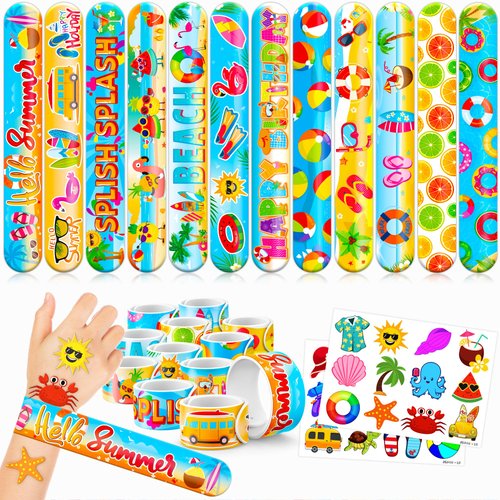 48 Beach 24PCS Beach Temporary Tattoos Sticker 24PCS Slap Bracelets Perfect for Themed Birthday Party Favors Baby Showers or Classroom Rewards Ideal Decor and Gifts for Girls and Boys