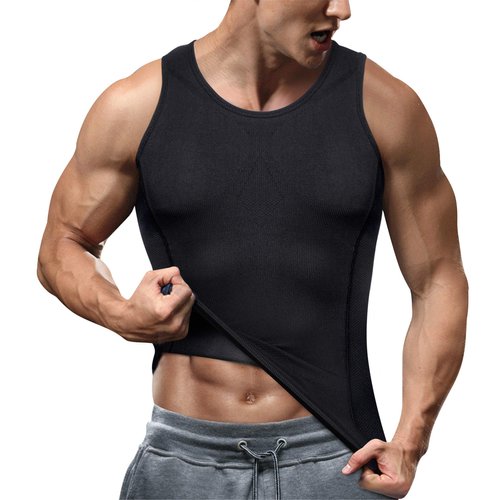 TAILONG Men's Compression Shirt - Slimming Body Shaper, Waist Trainer, Workout Tank Top, Abdomen Undershirt (Black, M-L)