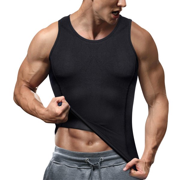 TAILONG Men's Compression Shirt - Slimming Body Shaper, Waist Trainer, Workout Tank Top, Abdomen Undershirt (Black, M-L)