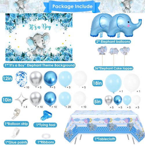 KATBUU Elephant Baby Shower Decorations for Boy Baby Balloon Garland Kit Elephant Theme It's a Boy Backdrop Tablecloth Cake Topper Kid Party Supplies Baby Boy Shower Decor