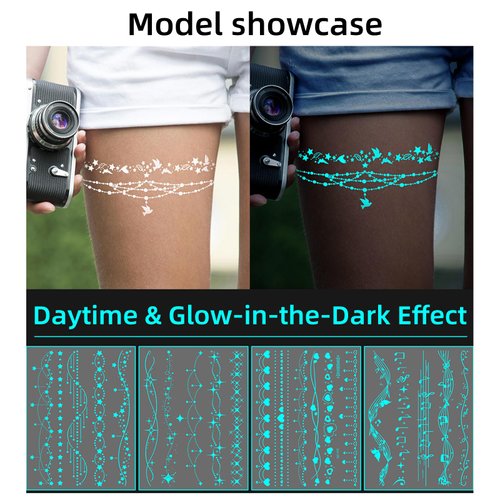 HAIIDOAK Temporary Tattoos - 9 Sheets Glow in the Dark Tattoos for Face, Choker, Leg and Collar Decoration Rave Festival Accessories (Style A)