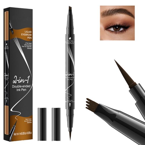 Microblading Eyebrow Pen, Brow Pencil 2-in-1 Dual-Ended Brow Pen with 4-Fork-Tip & Precise Brush-Tip Eyebrow Makeup for Natural-Looking Brows & Defined Eyes, Waterproof, Long-Lasting