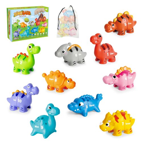 Jetbotell 20 PCS Dinosaur Number Learning Toys for Toddlers 2-4, 10 Different Dinosaur Figures, Double Sided Number Matching Game, Preschool Activities Montessori Fine Motor Toys for Toddlers Kids