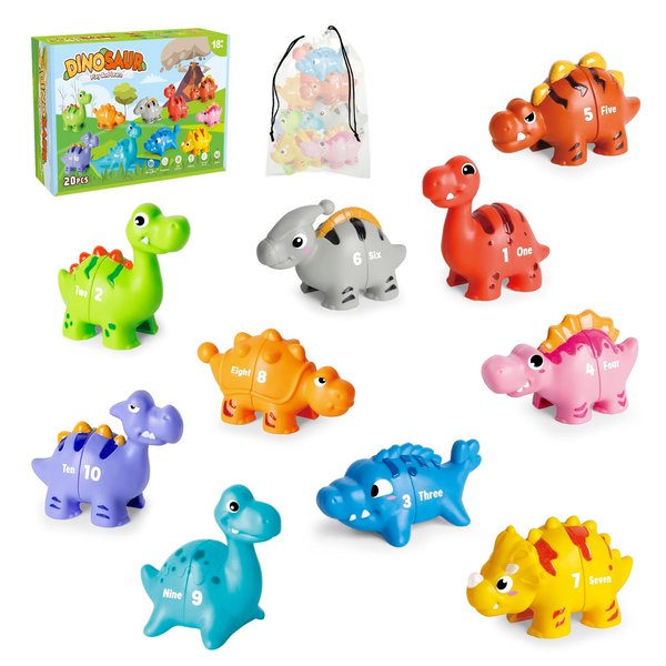 Jetbotell 20 PCS Dinosaur Number Learning Toys for Toddlers 2-4, 10 Different Dinosaur Figures, Double Sided Number Matching Game, Preschool Activities Montessori Fine Motor Toys for Toddlers Kids