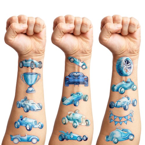 105 PCS Blue Race Car Temporary Tattoos Birthday Party Decorations Favors Supplies Watercolor Racing Car Themed Blue Checkered Flags Wheel Stickers Gifts For Girls Boys Classroom School Prizes Reward
