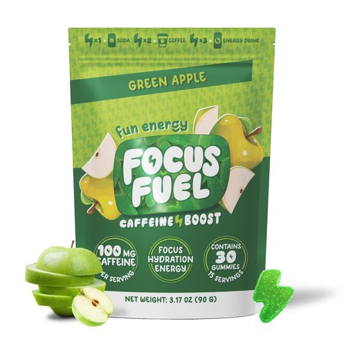 FocusFuel Energy Chews - Focus + Energy Gummies, 100mg Caffeine per 2 Gummies, Includes B12, Magnesium, Electrolytes, All-Natural Ingredients (Green Apple - 30 Chews, 3.17oz)
