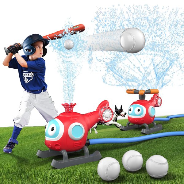 2 in 1 Outdoor Water Sprinkler Baseball for Kids, Backyard Summer Water Sprinkler Toy for Toddler, Outside Spining Water Sprinkler T Ball Set with 2 Modes, Helicopter Water Park Gift for Children