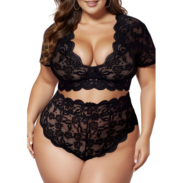 JuicyRose Plus Size 2 Piece Lingerie Set for Women Sexy Deep V Allover Lace Bra and Panty High Waist Nightwear Clubwear (T005,Black,2XL)