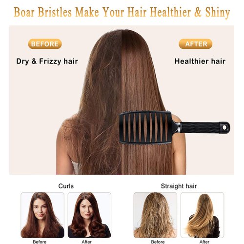 KTKUDY Detangling Brush Boar Bristles Hair Brush Make Hair Shiny & Healthier Curved and Vented Detangler Brush for Women Men Kids Wet & Dry Hair (Black)