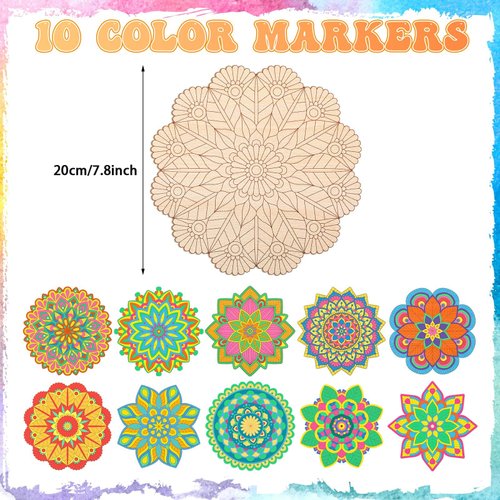 Vercraft 28 Pcs Wooden Mandala Painting Set 10 Mandala Unfinished Wood Cutouts with 18 Colored Pencil for Mandala Making Kit Mandala Crafts for Painting DIY Crafts Home Decors (Floral Style)