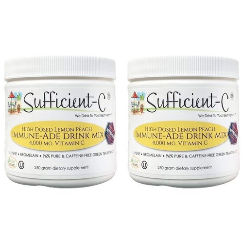 Sufficient-C High Dose Non-GMO Vitamin C - Lemon Peach Immune-Ade Drink Mix 250 Grams - Healthy Hydration Like Never Before (2 Pack)