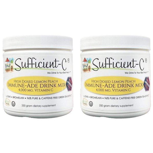 Sufficient-C High Dose Non-GMO Vitamin C - Lemon Peach Immune-Ade Drink Mix 250 Grams - Healthy Hydration Like Never Before (2 Pack)
