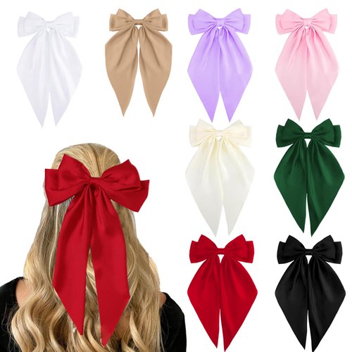 RSWETE 8Pcs Big Bow Hair Clips, Silky Satin Hair Bow Barrettes Long Tail Hair Ribbon Accessories Elegant Hair Bows for Women Girls (8 Colors)