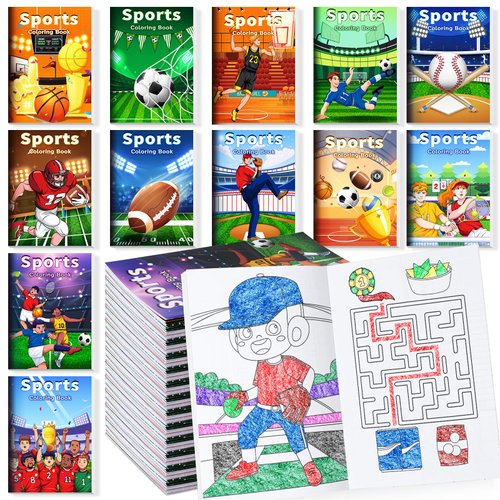 BenLouis 12 Pcs Sports Mini Coloring Books Football Basketball Soccer Baseball Birthday Party Favors Activity Books Bulk for Kids Boys Sports Themed Party Classroom Gifts Exchange Rewards Supplies