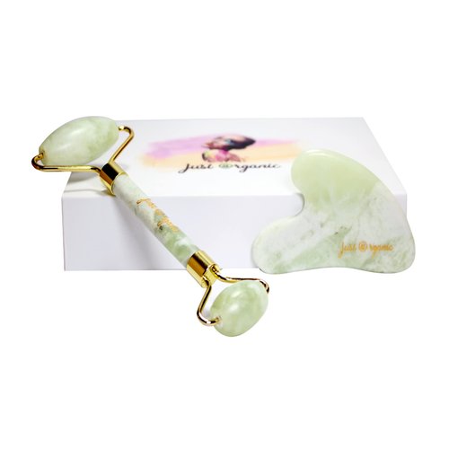 Just Organic Jade Roller & Gua Sha Set Facial Beauty Tools, Face Roller Skin Massager for Face, Neck and Eye Treatment Ice Roller for Skin Care Routine & Puffiness Relief (Green)