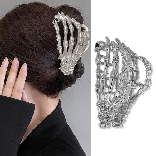 Silver Skeleton Metal Hair Clip Halloween Skull Head Design Hair Claw Clip Punk Non-Slip Hair Jaw...