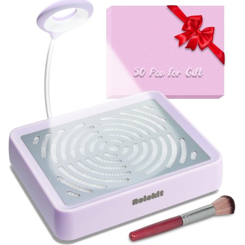 Nail Dust Collector with Lamp & 50pcs Disposable Filter & Dusting Brush, Electric Nail Vacuum Cleaner Dust Fan Suction Machine for Manicure Acrylic Gel Nails Polishing, Low Noise, Salon Home