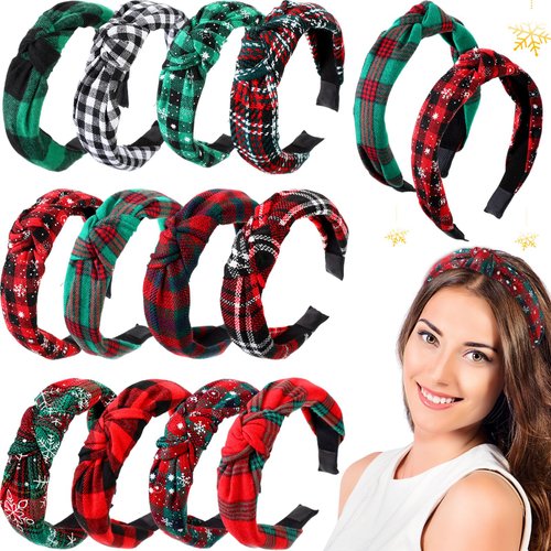 Yilloog 12 Pcs Christmas Knotted Headband Retro Hair Band Snowflake Buffalo Plaid Headband Green Red Knotted Headband for Women Wide Hair Accessories Holiday Hair Hoop Hairband for Yoga Run Work