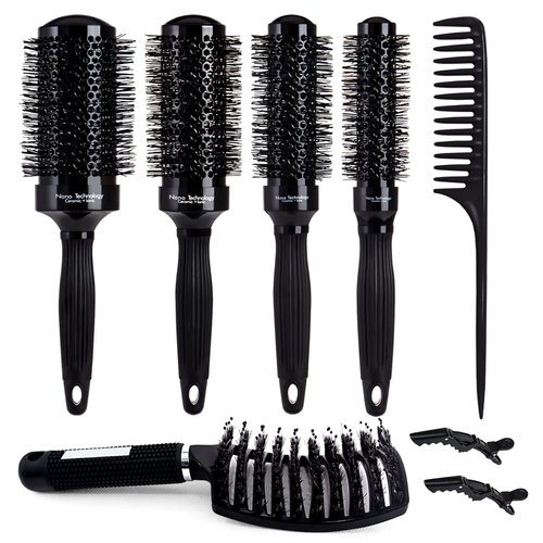 8Pcs Round Brush for Blow Drying, Ceramic Ion Thermal Barrel Brush, 4 Different-Sized Round Hair Brush and Curved Vented Boar Bristle Brush, Round Brush Set for Straightening, Add Volume & Shine