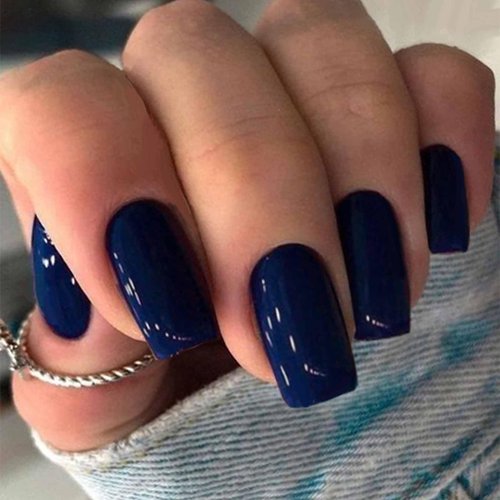 IMSOHOT Royal Blue Press on Nails Short Square Square Fake Nails Acrylic Solid Color Dark Blue Fa...
