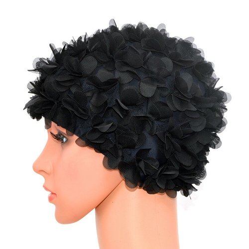 Medifier Lace Vintage Swim Cap Floral Petal Retro Style Bathing Caps for Women Rose Black