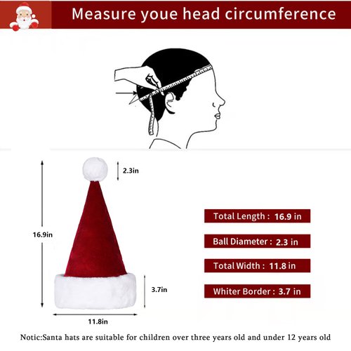 Eoocan Santa Hat, Santa Hat for Kids, Unisex Velvet Comfort Wine Red Christmas Hats Extra Thicken Classic Plush for Christmas New Year Festive Holiday Party Supplies