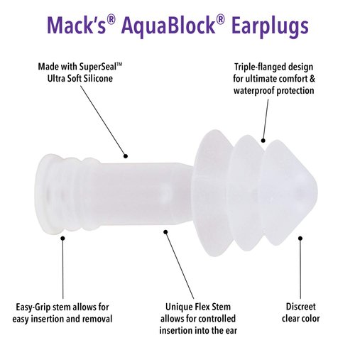 Mack's AquaBlock Swimming Earplugs - Comfortable, Waterproof, Reusable Silicone Ear Plugs for Swimming, Snorkeling, Showering, Surfing and Bathing (Clear)