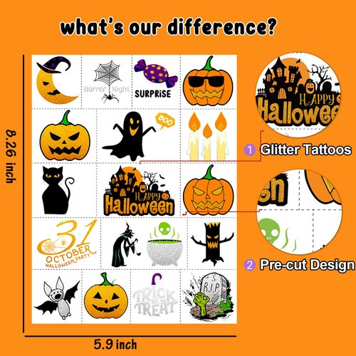 Partywind 36 Styles Metallic Glitter Halloween Temporary Tattoos for Kids, Halloween Decorations Birthday Party Favors Supplies, Halloween Goodie Bag Fillers Games for Boys and Girls (2 Sheets)