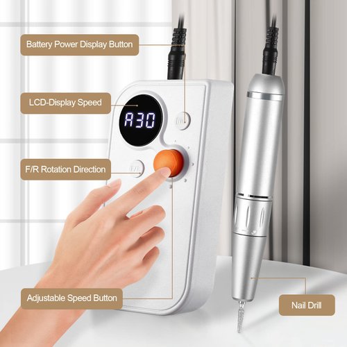 Portable Nail Drill Kit Rechargeable 30000 RPM Electric Nail Machine Professional Cordless Efile Nail Drill Set with 7 Nail Bit, Polishing