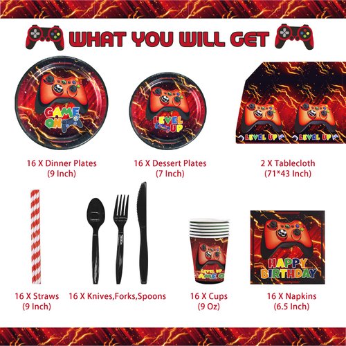Mpanwen Red Video Game Party Supplies - 212Pcs Gamer Gaming Party Decoration For Boys Birthday Party - Table Cover, Plates, Cups, Napkins, Utensils, Hanging Swirls, Banner, Topper Serves 16 Guests