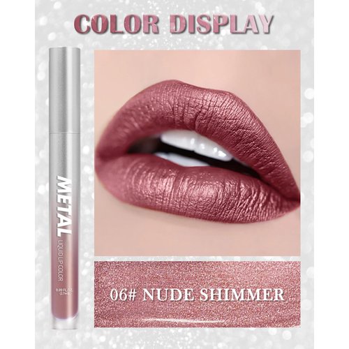 Metallic Lip Gloss Glitter Lipstick, Shiny Metallic Matte Liquid Lipstick, High Pigment Long Lasting Lipstick 24H Waterproof Non Stick Cup Lip Glaze, Sparkling Shimmer Lipstick Lipgloss for Women-06#