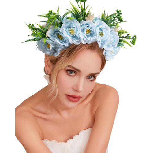 CHLINS Boho Floral Headbands for Women Double Sided Flower Crown Headband Non Slip Wide Hairband Flower Headpiece for Wedding Party Birthday (Light blue)
