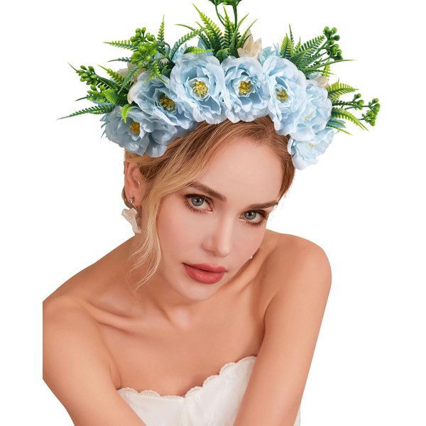 CHLINS Boho Floral Headbands for Women Double Sided Flower Crown Headband Non Slip Wide Hairband Flower Headpiece for Wedding Party Birthday (Light blue)