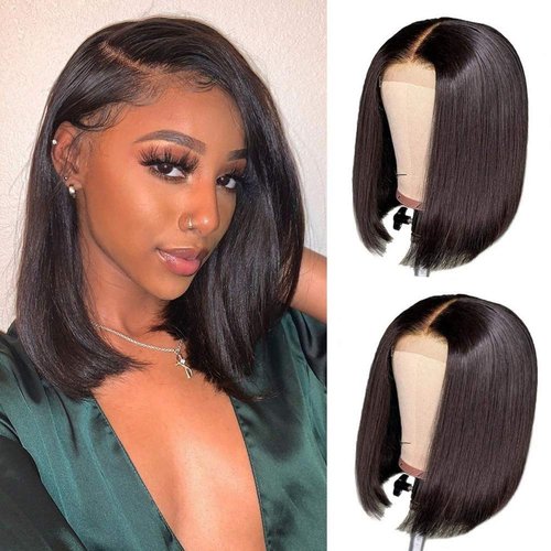 SINGLE BEST Lace Front Human Hair Wigs 4x4 Lace Closure Short Bob Straight Wigs Human Hair Bob Wig Brazilian Virgin Real Hair Wigs for Women Natural Color Lace Closure Wig 14 inch