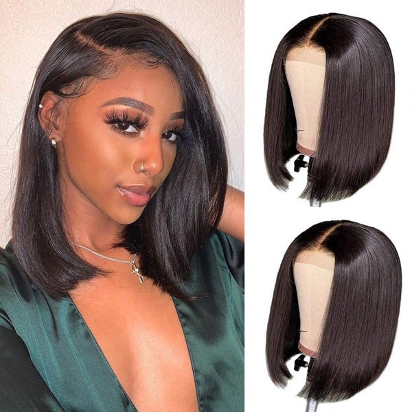 SINGLE BEST Lace Front Human Hair Wigs 4x4 Lace Closure Short Bob Straight Wigs Human Hair Bob Wig Brazilian Virgin Real Hair Wigs for Women Natural Color Lace Closure Wig 14 inch