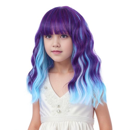 Edivd Purple Mixed Blue Wig for Kids Short Rainbow Wig with Air Bangs for Girls Short Colorful Wavy Curly Wig for Child Heat Resistant Synthetic Wig with Wig Cap