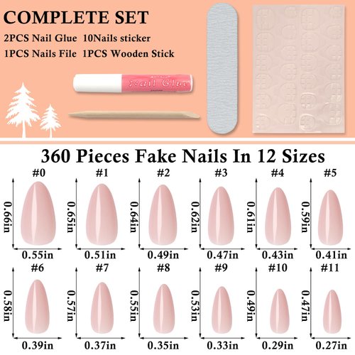 LoveOurHome 360pc Almond Press on Nails Medium Fake Nails Full Cover Glue on Almond Nail Tips Colored Fase Nail Nude Pink Acrylic Nails Press ons Nail Almond with Glue Adhesive Tabs for Women Girls