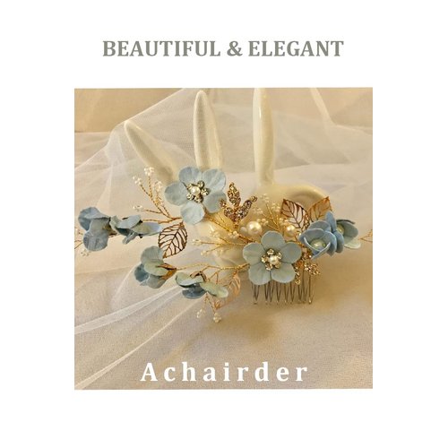 Achairder Wedding Hair Comb Blue Flower Crystal Pearl Side Combs Bridal Headpiece Wedding Accessories