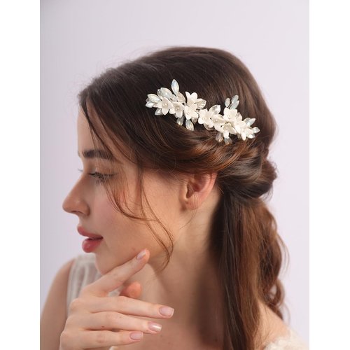Teyglen White Flower Wedding Hair Comb Bridal Opal Crystal Hair Piece Silver Leaf Headpiece for Bride Wedding Hair Accessories for Women
