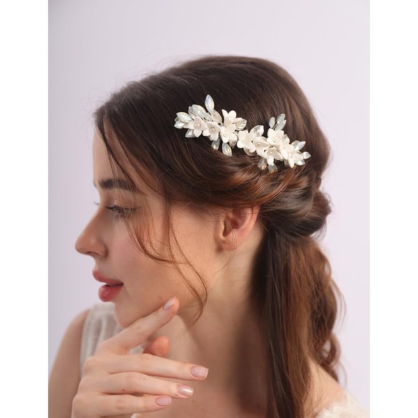 Teyglen White Flower Wedding Hair Comb Bridal Opal Crystal Hair Piece Silver Leaf Headpiece for Bride Wedding Hair Accessories for Women