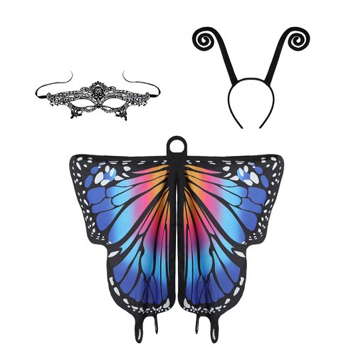 YukiniYa Cute Halloween Costume Wings For Girls Butterfly Fairy Shawl with Antenna Headband and Lace Mask