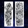 Oottati 4 Sheets Black Full Arm Flower Clock Mask Rose Gun Cross Body Art Temporary Tattoo Stickers