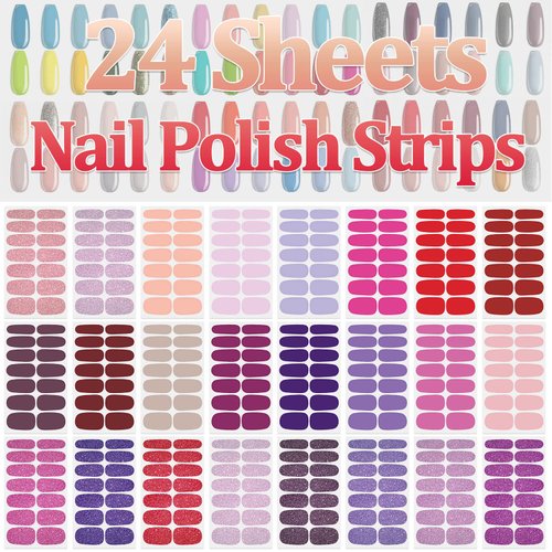 SILPECWEE 24 Sheets Glitter Solid Color Nail Wraps for Women Nail Polish Strips Self Adhesive Nail Polish Stickers Gel Nail Strips for Nail Art Fingernail Manicure Stickers with 1pc Nail File